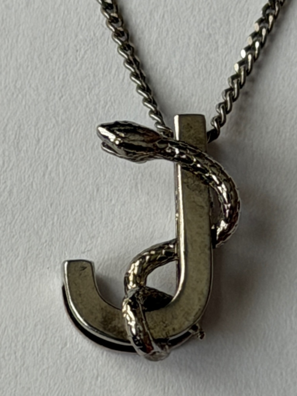 Saint Laurent YSL Sterling Silver J Initial Letter Snake Pendant Chain Necklace